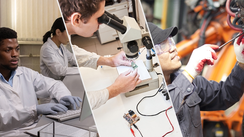 Photo collage of people working with machines, taking notes, and exploring with microscopes