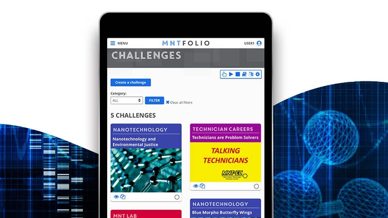 Screenshot of the MNTfolio tool on a mobile device surrounded by technical imagery